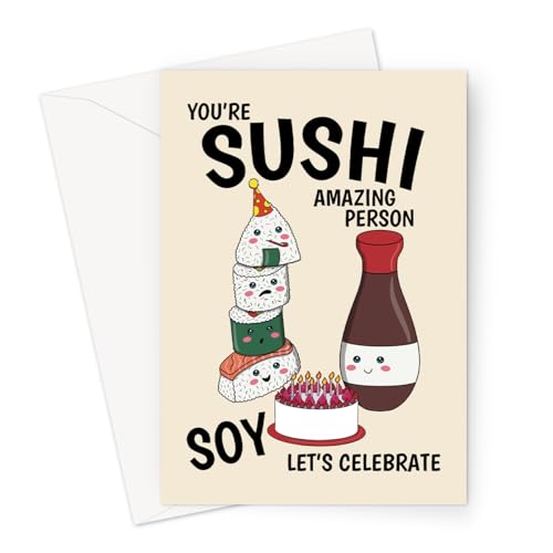 Sushi Birthday Card For Friend - Cute Kawaii Japanese Design For Him or Her - Greeting Card For Food Lover - Blank Inside - Size 7x5 Inches With Envelope