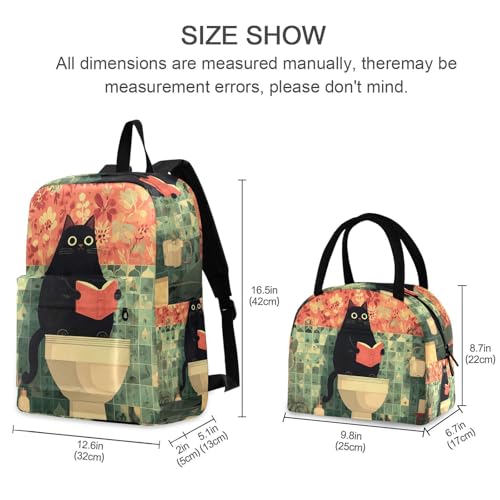 Cat Reading Print Backpack Set with Lunch Bag, Large Capacity Travel Backpacks and Lunch Box Insulated for Commute Hiking Picnic2