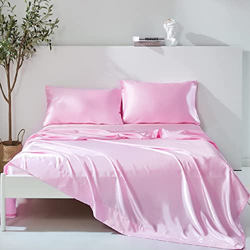 Wotcsil Juego de Sabanas de Cama 135 Raso Satín Rosa con Sábana Bajera Ajustable Satín 135x190cm Sábana Encimera Funda de Almohada de Satén Poliéster 4 Piezas para Colchón de hasta 36cm