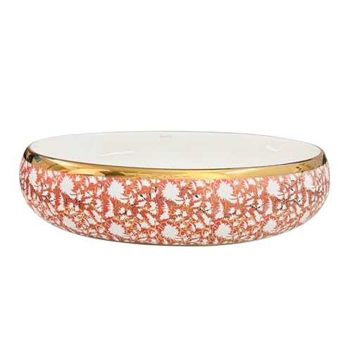 Image of Wallace Designer Oval Table Top Wash Basin 60x40x15 cm | Red & White Floral Pattern with Gold Rim | Premium Ceramic Countertop Vessel Sink | Luxury Above Counter Bathroom Basin