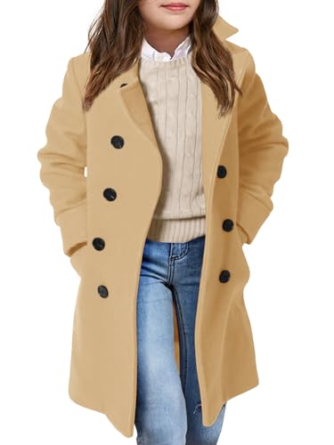 Haloumoning Girls Double Breasted Trench Coat Kids Notch Lapel Long Peacoat with Pockets 5-14 Years