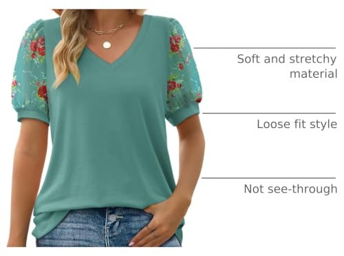 Image of Aokosor Womens Summer Tops V Neck T Shirts Swiss Dot Puff Sleeve Tops Loose Casual Tshirts