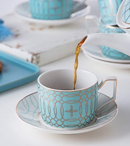 Jusalpha Porcelain Tea Set-Service Of 4- Modern Elegant Mint Green Tea Cup And Saucer Set-Coffee Cup Set With Saucer And Spoon,Tcs15 (4) (Blue) #TOP3