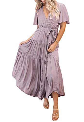 R.Vivimos Summer Dress for Women Cotton Ruffle Short Sleeves V Neck Casual Flowy Midi Dress with Belt