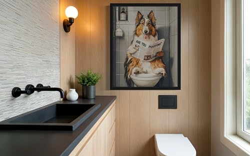Image of Collie on Toilet Black Framed Wall Art Print Poster, Dog Bathroom Humor Decor Posters Prints for Restroom Home Picture Painting Artwork Gallery 7 (Collie, 20 inchL x 16 inchW, Black Frame)