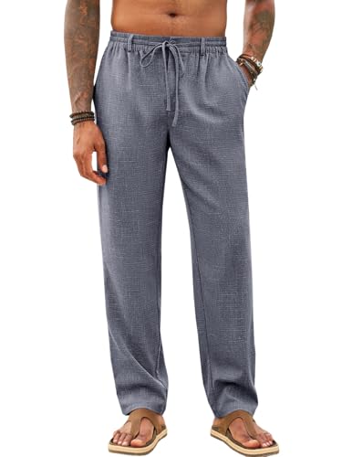 Runcati Mens Casual Pants Elastic Waist Drawstring Lightweight Linen Pants Loose Fit Summer Beach Yoga Trouser, Dark Grey, Large