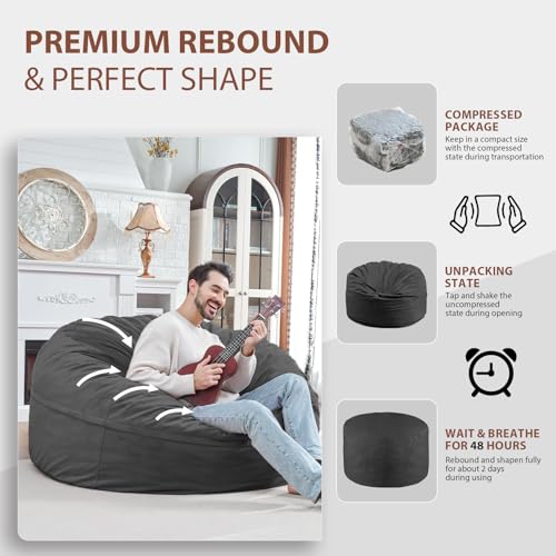 5FT Bean Bag Chair, Large Bean Bag Chairs with Memory Foam Filled, Fluffy Beanbag Sofa with Dutch Velvet Cover, Round BeanBag Chairs for Living Room, Playroom - Grey