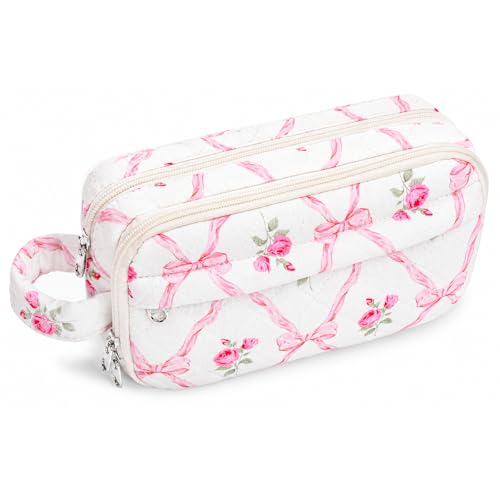 ZPARIK Quilted Pencil Case Pouch for Girls Soft Puffy Floral Pen Case with Compartments & Handle Aesthetic Cute Pen Bag Organizer for School Supplies Machine Washable (Sweet Bow)