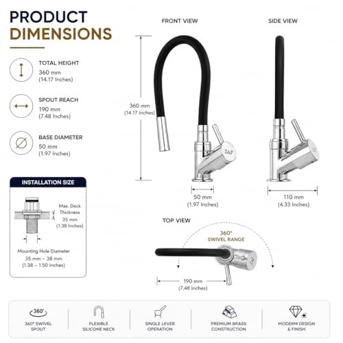 Image of ZAP Pluto Brass Kitchen Tap for Sink | Flexible Silicone Swan Neck Faucet with 360 Swivel Spout | Single Lever Cold Water Tap | Deck Mounted Kitchen Sink Mixer for Home & Utility Areas