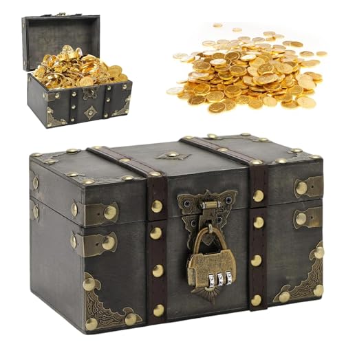 Zyiphor Coffres au Trésor en Bois 18x11x10 cm Coffret Pirate Enfant avec Serrure à Combinaison Vintage Boîte à Bijoux & Tirelire pour Anniversaire,...