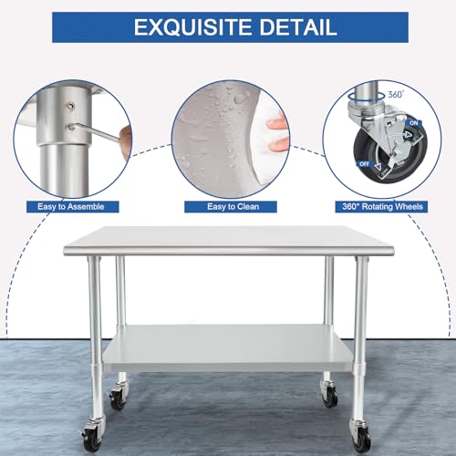 Image of HARDURA Stainless Steel Table with Wheels 30 x 36 Inches Casters NSF Heavy Duty Commercial Prep Table with Undershelf and Galvanized Legs for Food Prep