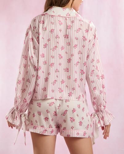 Image of Yiulangde Valentines Heart Bow Pajamas for Women Silk Satin Ruffle Shorts Pjs Tie Front Long Sleeve Shirts Pajamas with Bows