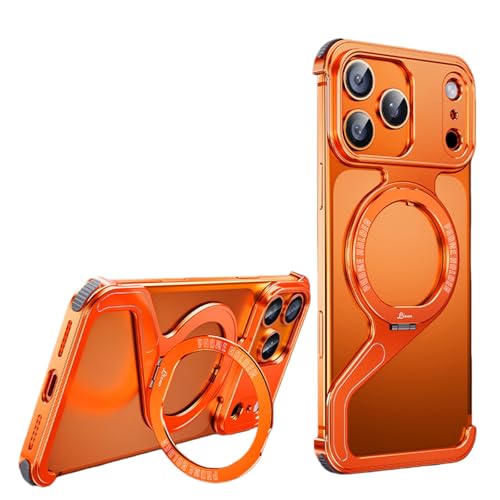 IPhone 17 / 17 Pro / 17 Pro Max 用 ケース, Z型 メタル フレーム バンパー, 放熱 アルミ合金 スリム 耐衝撃 フレームカバー, マグネット リング スタンド 付き(Orange,17)