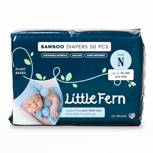 Little Fern Bamboo Newborn Diapers 0-3 Months Size N Extra Soft, Natural Hyper Absorbent, Sensitive Baby Diapers 50 Pieces Hypoallergenic, Disposable [up to 10lbs or 4.5kg]