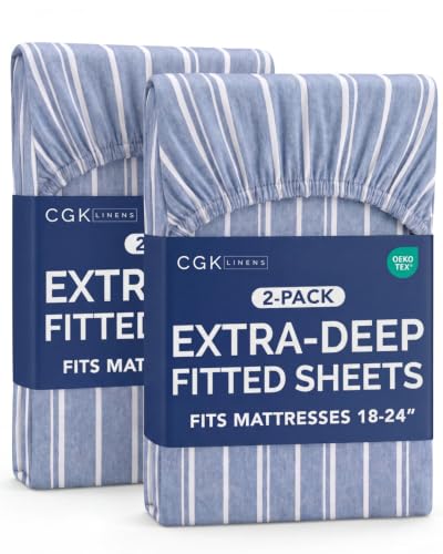 Image of CGK Linens 2 Pack Extra Deep Twin XL Fitted Sheets - Blue Stripes