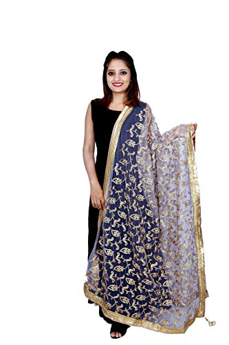 Net Dupatta Shawl with Gold Embroidery, Navy Blue, Traditional Floral Design