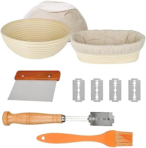 Bread Proofing Basket Set, 10 inch Round and Oval Banneton Proofing Basket with Linen Liner Cloth Silicone Basting Pastry Brush, Bread Making Accessories and Tools Starter Kit