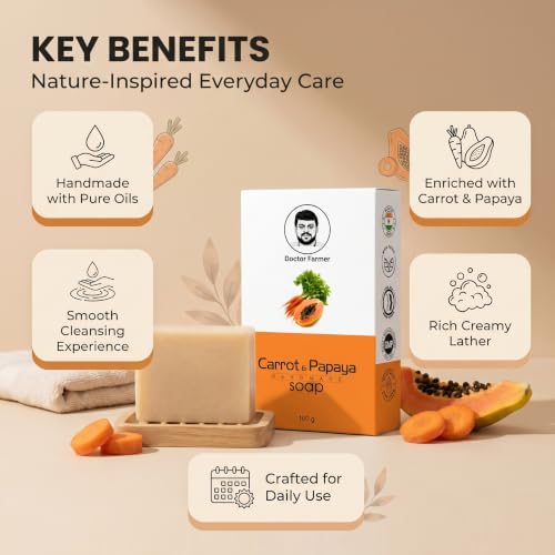 Image of Doctor Farmer Carrot & Papaya Handmade Bath Soap Pack of 4 | Natural Coconut Oil Moisturizing Soap for Skin Brightening | Daily Bath Soap for Soft & Healthy-Looking Skin | For Men & Women