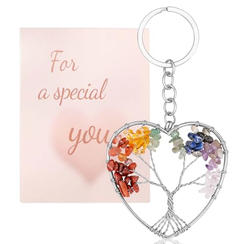 QINJIEJIE Tree of Life Keyring 7 Chakra Silvery Heart Crystals Keyrings Healing Crystal Tumbled Stone Car Keyring Meditation Reiki Spiritual Crystal Gifts for Women Mum Ladies Teacher Gifts
