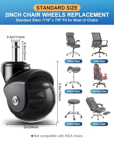 Image of RidRed Office Chair Wheels Replacement Heavy Duty 2 Inch Roller Blade Wheels for Carpet Hardwood Floors,Support 2000 LB, Rubber Rollerblade Desk Chair Casters, Standard Stem Universal Fit, Set of 5