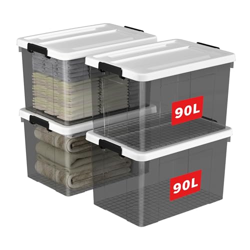 Cetomo 90L*4 Caja de Almacenamiento, Caja de Plástico con Tapa y Cierre Seguro, Contenedor de Almacenamiento Grande, Duradera, Apilable, Resistentes, Negro Transparente, Paquete de 4 de 90L