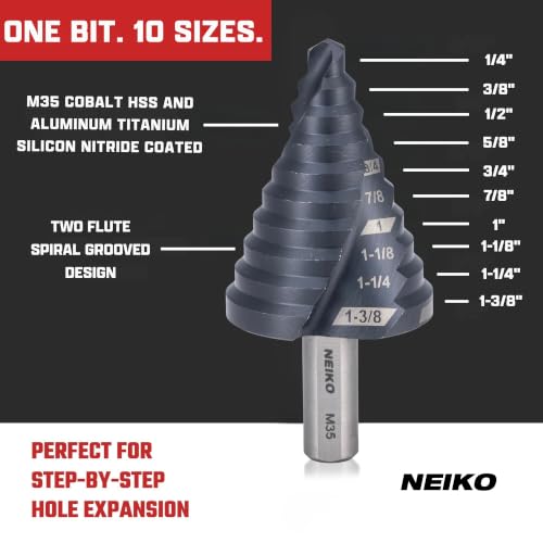 Image of NEIKO 10612B Step Drill Bit, 10 Steps 1 /4 inch to 1-3 /8 inch Spiral M35 Cobalt, AlTiSiN Coated, 3 /8 inch Tri-Flat Step Bits for Steel, Metal, Wood, Plastic, Unibit Cone Drill Bits, Two Flute