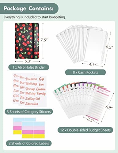 Image of A6 Budget Binder for Money Saving, PU Leather Budget Planner with 8 Cash Envelopes, Budget Sheets & Rose Gold Category Stickers, Money Organizer for Cash (Red Cherry)