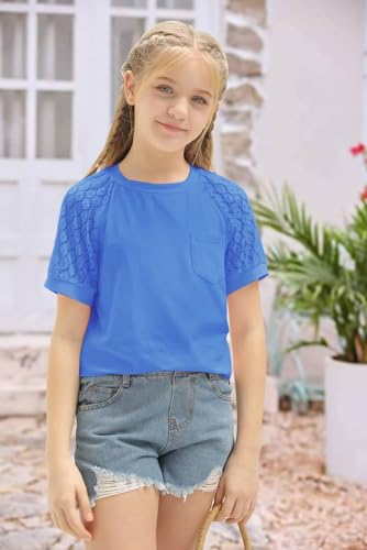 Image of Girls Summer Short Sleeve Shirts Lace Casual Cute Crew Neck Solid Color Blouses Tops Sizes 6-15 Years