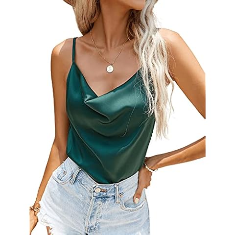 Milumia Women Cowl Neck Satin Cami Top Adjustable Spaghetti Strap Backless Camisole, Dark Green, Small Cover