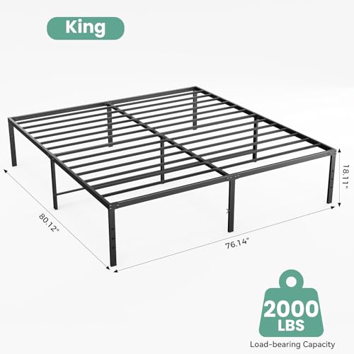 Image of Sweetcrispy King Size 18 Inch Platform Bed Frame, Heavy Duty Metal Foundation Frame, Noise-Free Sturdy Steel Slats, Underbed Storage, No Box Spring Needed, Quick Setup