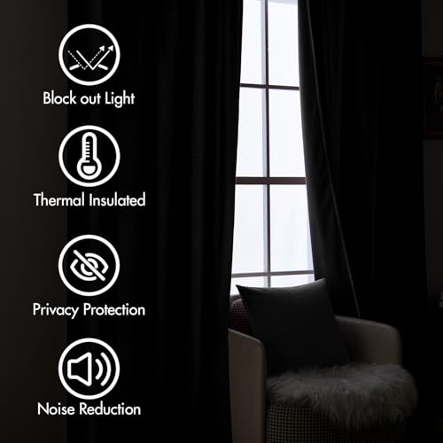 Image of MIULEE Black Velvet Pinch Pleat Blackout Curtains W52 X L96 Inches | 2 Panels,Luxury,Thermal Insulated,Super Soft,Back Tab & Rod Pocket,for Bedroom Living Room