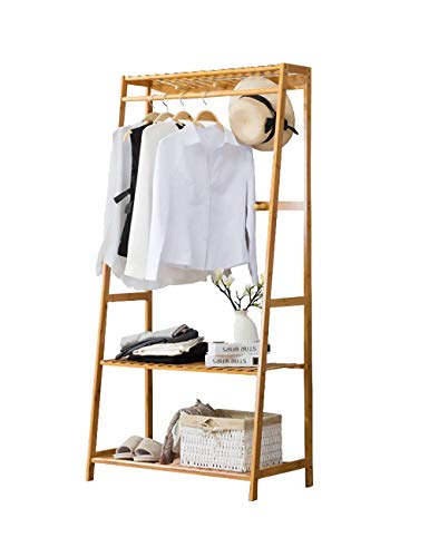 Ufine Bamboo Clothes Rack Heavy Duty Garment Rack Coat Hanging Stand with 6 Hooks, 3 Tier Storage Shelves Closet Organizer for Bedroom, Living Room, Guest Room, Apartment and Entryway