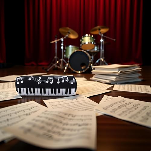 Image of 1pc Black Creative Single Layer Music Notes Piano Keyboard Oxford Cloth Pencil Case,Large Capacity Pencil Holders and Pen Holders Stationery Office Supplies Organization and Storage,Marker Cases