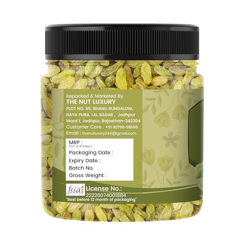 Image of THE NUT LUXURY Seedless Green Raisins 1 kg | Hari Kishmish /Green Kismis | Rich in Iron, Calcium, Vitamin B & Boosts Immunity | Natural Dried Grapes | Jar Pack
