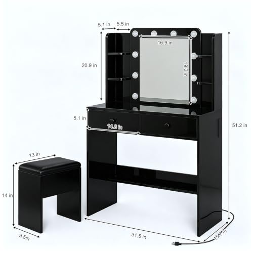 Image of Haewon Makeup Vanity Desk with Lighted Mirror and Chair Set, Black