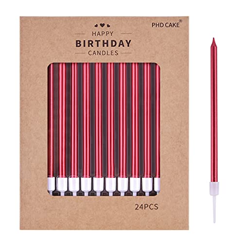 Image of PHD CAKE Red Long Thin Metallic Birthday Candles, Cake Candles, Birthday Parties, Wedding Decorations, Party Candles