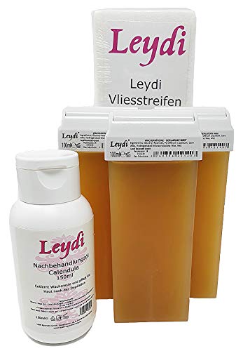 Nachfüllset aus 3 Leydi Wachspatronen Honig, 100 Vliesstreifen & Nachbehandlungsöl für die Haarentfernung mit 100ml Roll-On-Sets