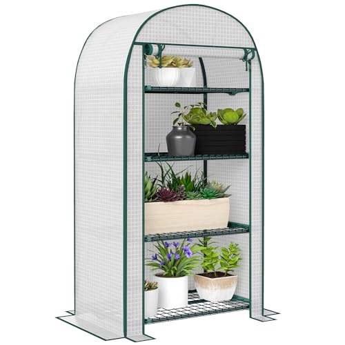 Outsunny 4 Tier Mini Greenhouse for Outdoor, Portable Gardening Plant Green House with Storage Shelf, Roll-Up Zipped Door, Metal Frame and PE Cover, 80 x 49 x 160cm, White