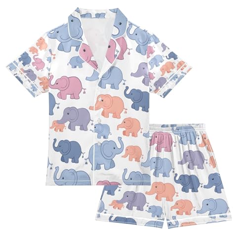 senya Many Cute Elephants Satin Summer Pajama Sets Silk Short Sleeve Button Down Sleepwear
