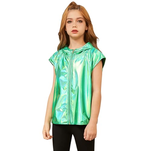 Image of Jxstar Girls Metallic Hoodie Vest Kids Shiny Zip Up Outfit Sleeveless Disco Shirt with Pocket