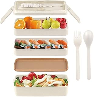 ASYH Bento Box Lunch Box, 3-in-1 Compartment Meal Prep Stackable Containers 1000ML, Japanese Style Lunch Box with Fork and Spoon for Adults School Office, Microwave Safe (Khaki)
