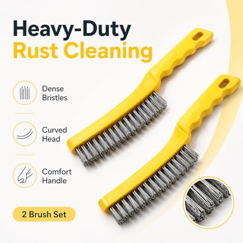 Image of 2 Pcs Stainless Steel Wire Brush for Cleaning Rust - 11 inch Heavy Duty Wire Brushes for Metal, Welding & Deburring - Comfortable Curved Handle Rust Remover Tool