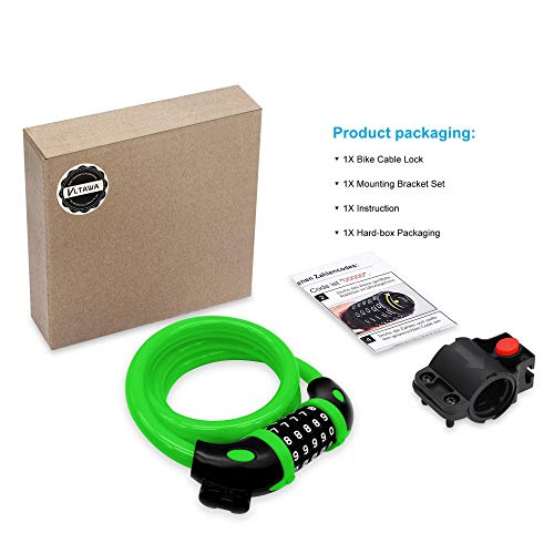 Vltawa Bike Lock With Mounting Bracket, 4 Ft Bike Lock Cable, 1/2 In Diameter High Security Bicycle Lock, 5 Digit Resettable Bike Locks With Combinations (Lightweight, 1.2Mx12Mm) (Green) #TOP6