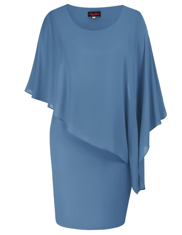 Hanna Nikole Vestido de cóctel de gasa con capa para mujer de talla grande, largo hasta la rodilla, vestido de noche con superposición, azul/gris, 46 Grande