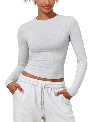 PrettyGuide Women's Cotton Jersey Long Sleeve Shirts Tight Fit Crewneck Crop Tops Basic Fall Going Out Y2K Tops2