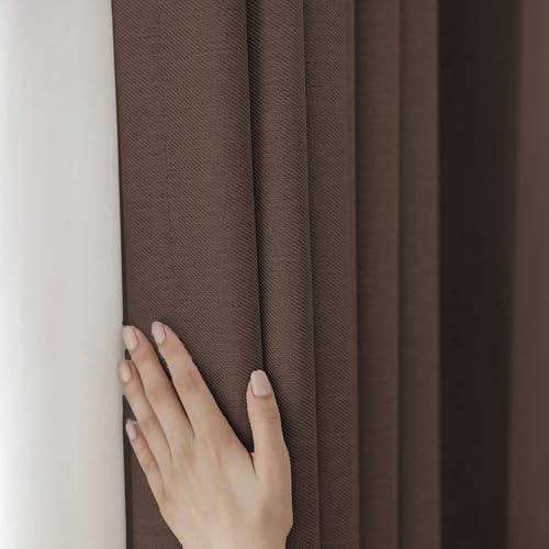 Image of LINENWALAS 100% Blackout Curtains for Window (5 Feet) - Set of 2 Panels, Linen Texture Complete Light Block Heavy Panels, Thermal Insulated & Noise Reducing Room Darkening Curtains (Furniture Brown)