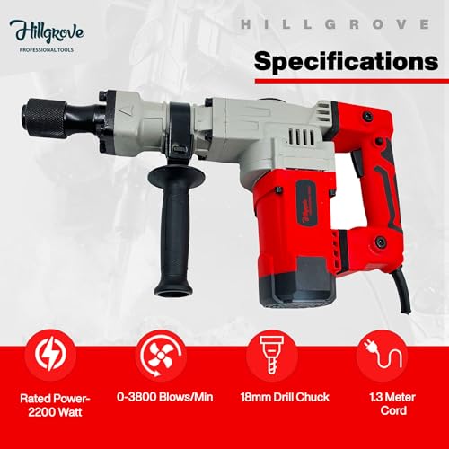 Image of Hillgrove HGCM1063M4 18MM Demolition Chisel+Hammer Concrete Breaker Drill Machine with 2 Bits for Breaking Concrete Wall /Hammer Drill (18 mm Chuck Size, 2200 W)