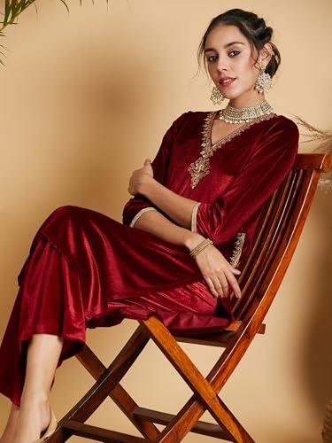 Image of Women's Velvet Floral Embroidered Straight Kurta | Round Neck Three-Quarter Sleeve Calf Length Kurti with Thread Work