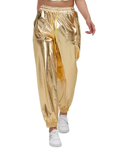Womens Y2k Metallic Cargo Pants Wide Leg Metallic Sparkle Sexy Drawstring High Waist Parachute Jogger Streetwear Hip Hop Dance Rave Festival Party Outfits Casual Trousers Clubwear Gold M