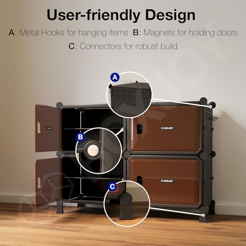 Image of BOXJOY 8 Shelf Horizontal Shoe Rack with 4 Doors, Magnet & 5 Hook Steel Holder for Home Storage Box Organizer, Hard PET Plastic with Metal Door Frame, Shoe Chappal Slipper Stand(Black, Brown Door)